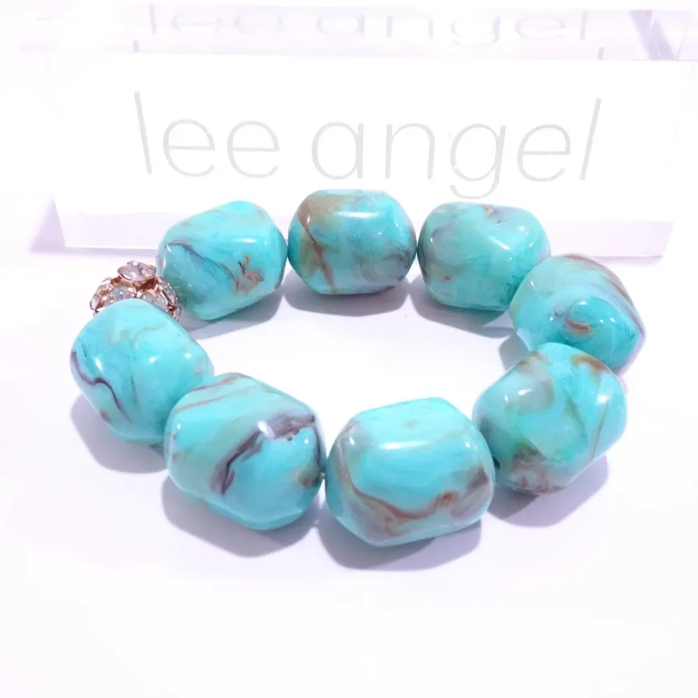 Lee Angel Women's Turq Swirl Marble Stone Fireball Stretch Bracelet NWT 125